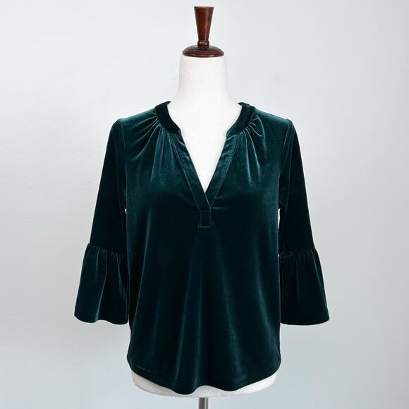 Boden Green Velvet V-Notch Neckline Bell Sleeve Blouse NWT - Picture 2 of 11